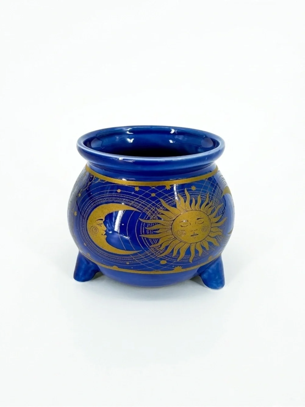 Witchy Cobalt Blue Celestial Cauldron Ceramic Footed Candle Insence Holder